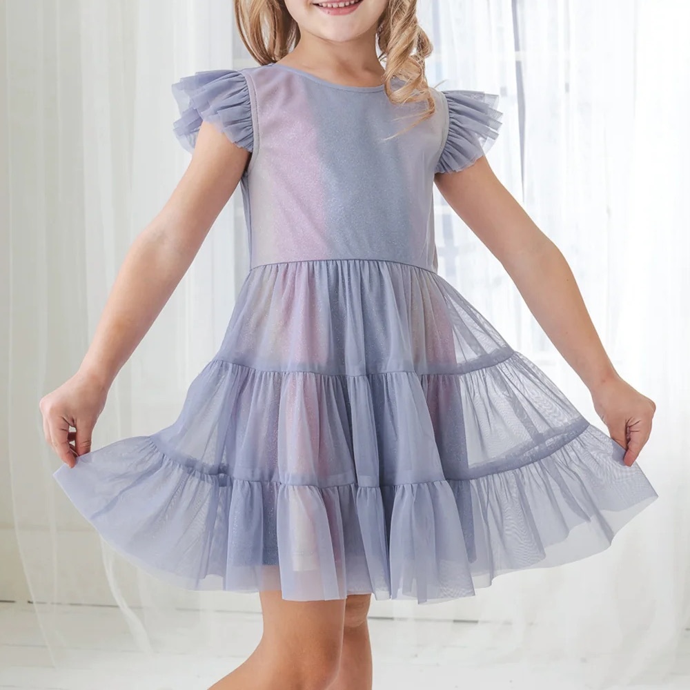 Isobella & Chloe Mesh Glitter Girls Blue Tiered Dress Toddler